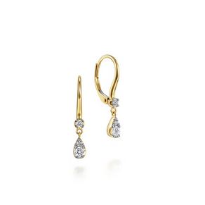 14K Yellow Gold Pear Shaped Pave Diamond Drop Earrings
