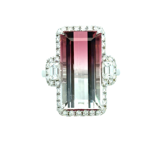 Lady's White 18 Karat 3 Stone Fashion Ring Size 6.5 With One = 11.85Ct Emerald Tourmaline And 44 = 1.00Twt Round H Si1 Diamonds Serial: _1