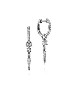 14k White Gold 10mm Diamond Huggie Earrings With Spike Drops