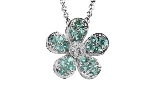 Lady's White 18 Karat Flora Pendants Length 18 With = 0.54Tw Round Paraibas And 7 = 0.07Tw Round G Vs1 Diamonds