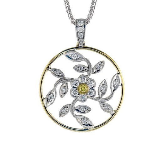 Lady's Two-Tone 18 Karat Free Form Pendant Length 18 With 22=0.27Tw Round G/H Vs1 Diamonds And One 0.03Ct Round Vs1 Yellow Diamond
