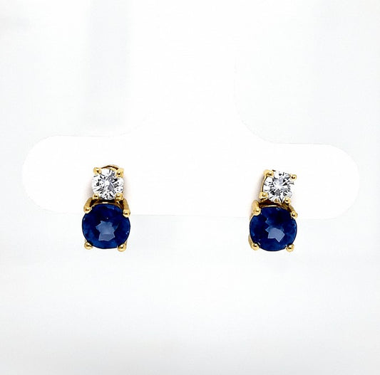 Lady's Yellow 14 Karat Stud Earrings With 2 = 1.37Tw Round Sapphires And 2 = 0.29Tw Round G/H Si2 Diamonds