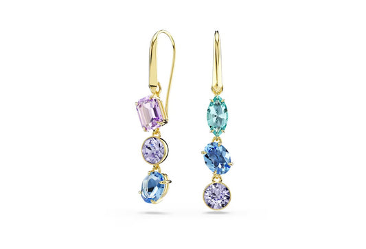 Gema drop earrings Asymmetrical design, Mixed cuts, Multicolored, Gold-tone plated