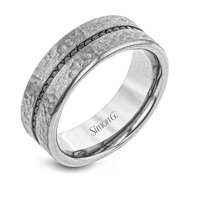 Gent's Gray 14 Karat Hammered Gentleman Wedding Band Size 10 With 0.60Tw Round Black Diamonds