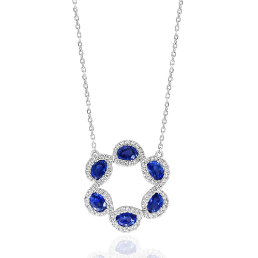 Lady's White 14 Karat Freeform Necklace Length 18 With 6 1.89Tw Oval Sapphires And 96 0.36Tw Round G/H Si2 Diamonds
