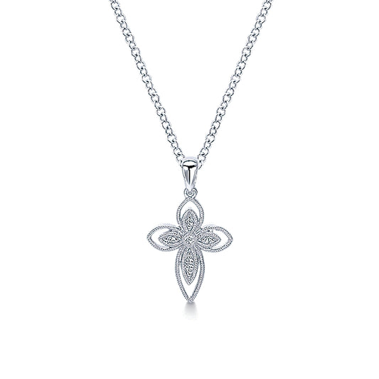 921 Sterling Silver Openwork Diamond Cross Necklace