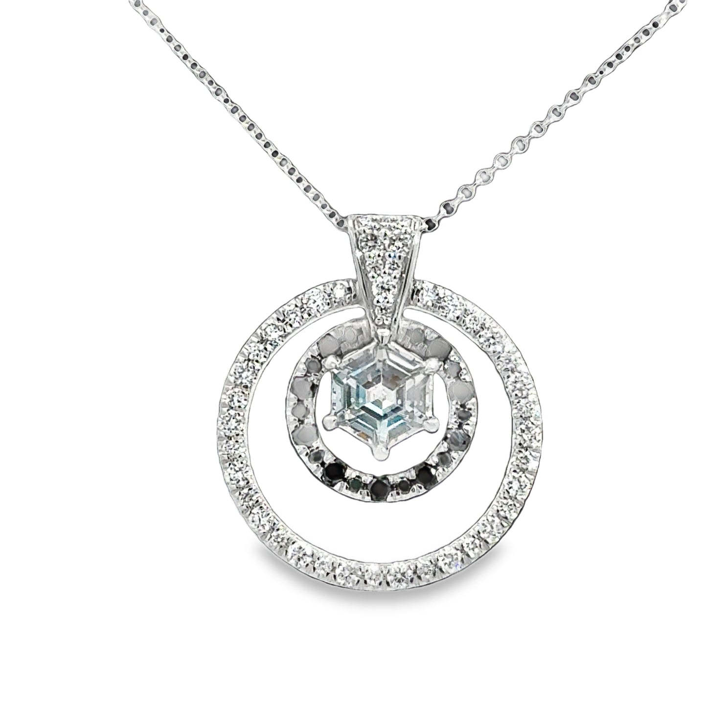 Lady's White 14 Karat Emerald May Pendants Length 18 With One = 1.01Ct Various Shapes Sapphire, 19 = 0.22Tw Round Si2 Black Diamonds And 0.115000 Twt Other Stones