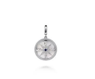 925 Sterling Silver 20mm Bujukan White Sapphire Compass & Mother of Pearl Medallion Pendant With Detachable Bail