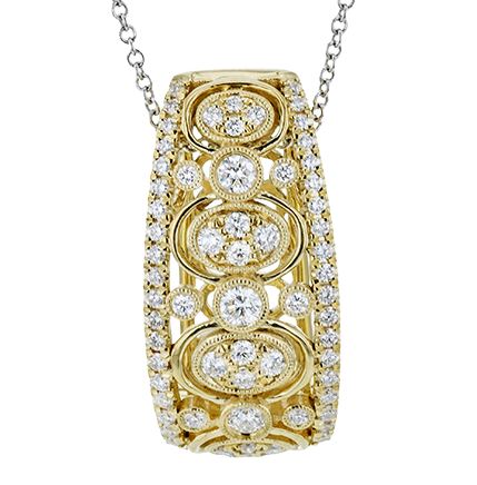 Lady's Yellow 18 Karat Filigree Drop Pendant Length 18 With 67=0.55Tw Round G Vs1 Diamonds