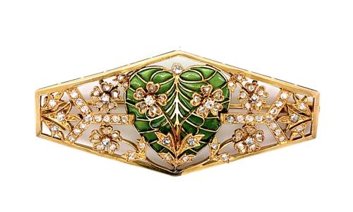 Original Art Nouveau 1.75ct Diamond & Green Heart Plique a Jour Enamel 18KY Brooch (Antique 1910s)