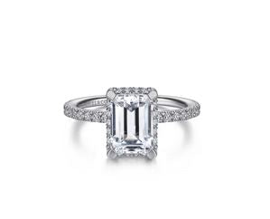 14K White Gold Hidden Halo Emerald Cut Diamond Engagement Ring