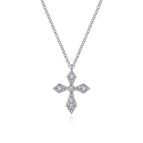 Vintage Inspired 14k White Gold Pointed Diamond Cross Pendant Necklace