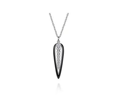 14K White Gold Graduating Diamond Pendant Necklace with Black Enamel