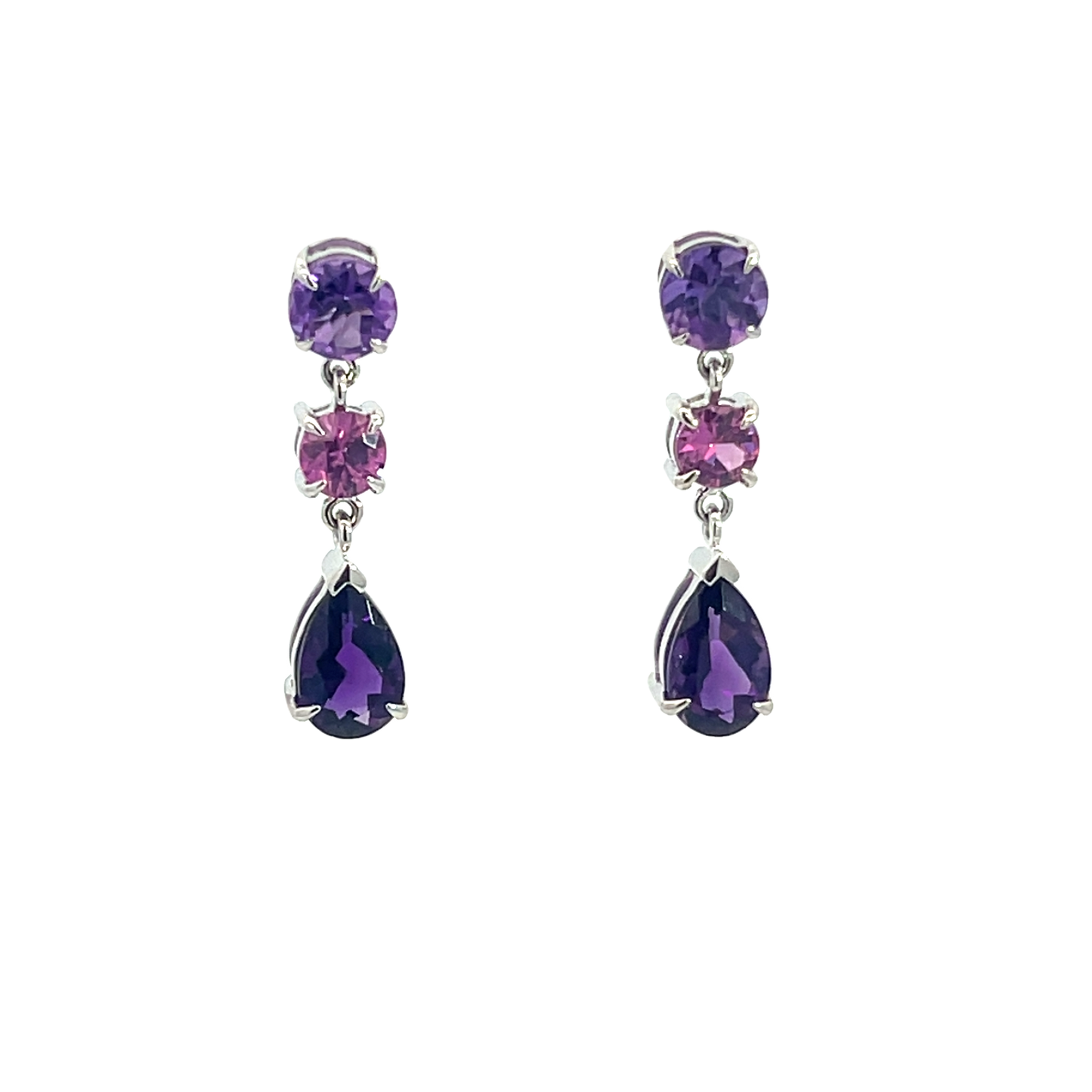 Lady's White 14 Karat Drop Earrings With 4 Various Shapes Amethysts And 2 Round Tourmalines