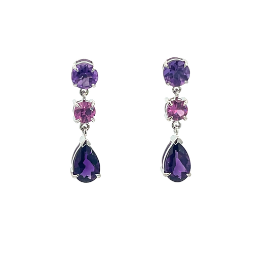 Lady's White 14 Karat Drop Earrings With 4 Various Shapes Amethysts And 2 Round Tourmalines