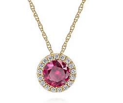 14K Yellow Gold Ruby and Diamond Halo Pendant Necklace