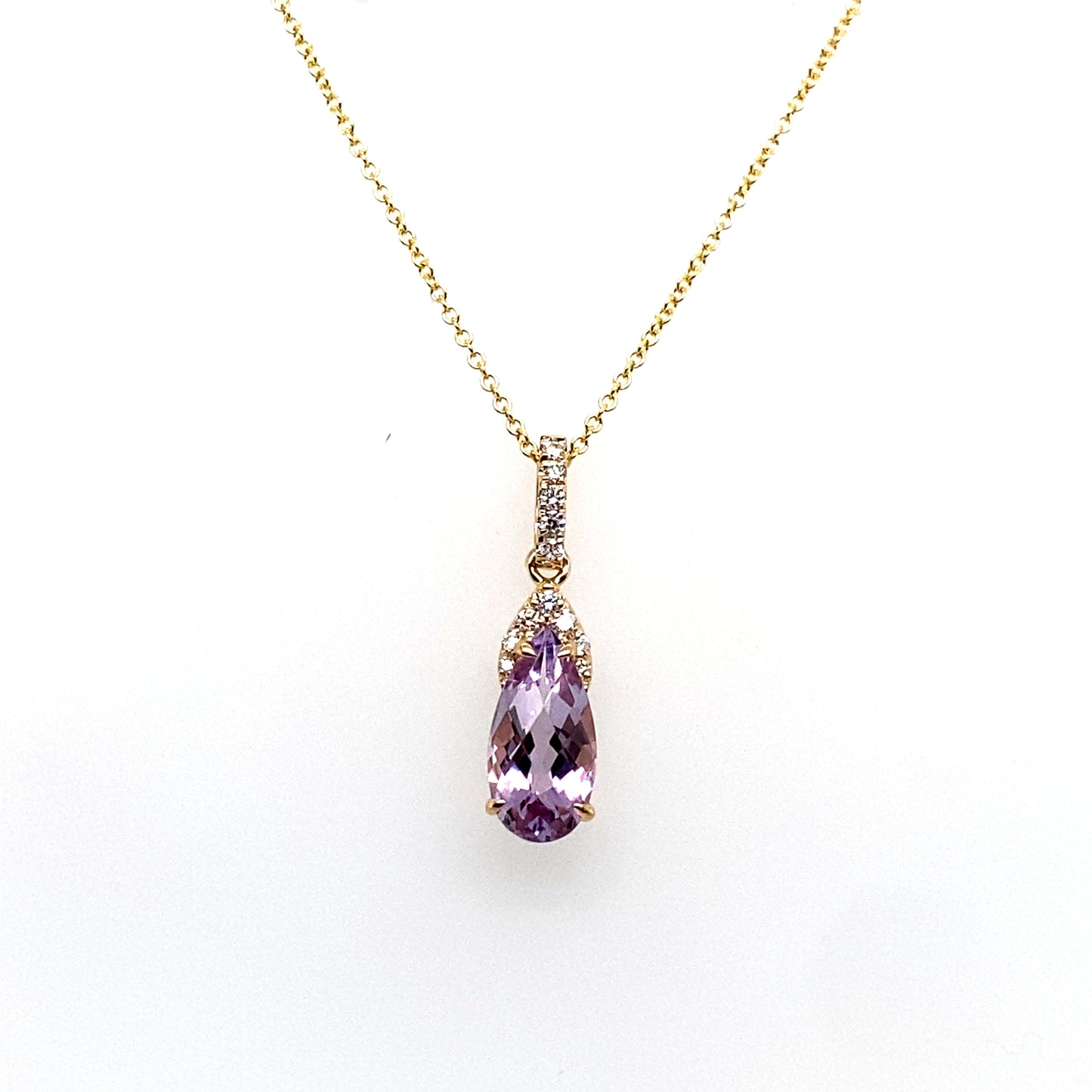 Lady's Yellow 18 Karat Drop Pendants With One = 1.55Ct Pear Amethyst And 12 = 0.12Tw Round H Si1 Diamonds