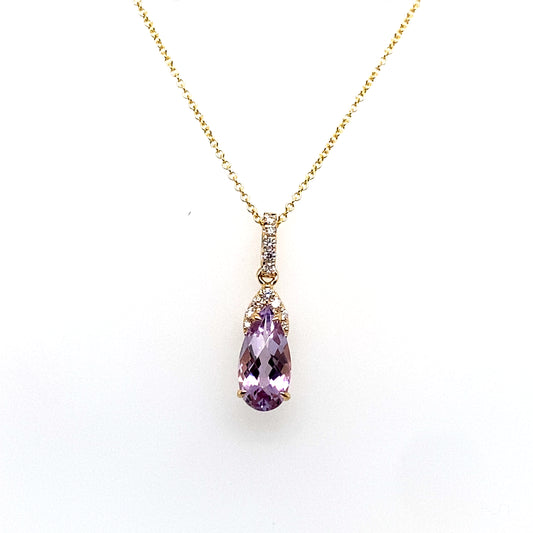 Lady's Yellow 18 Karat Drop Pendants With One = 1.55Ct Pear Amethyst And 12 = 0.12Tw Round H Si1 Diamonds