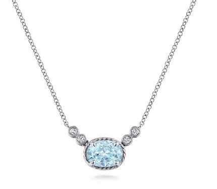14K White Gold Oval Aquamarine Pendant Necklace with Diamond Accents