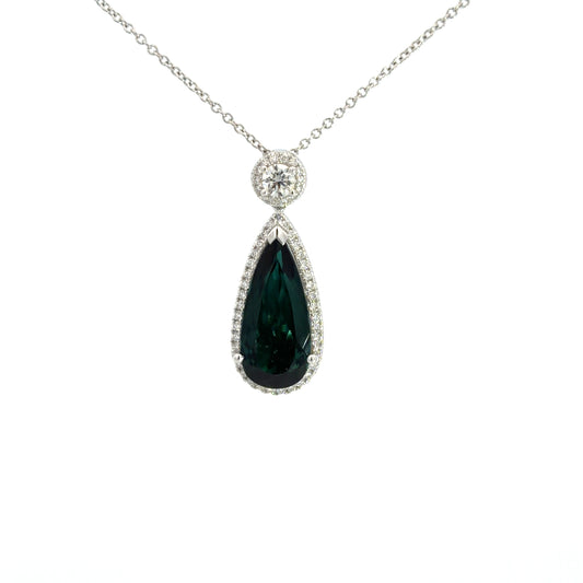 Lady's White 18 Karat Drop Pendants With One = 4.83Ct Pear Tourmaline And 52 = 0.58Twt Round G/H Si2 Diamonds
