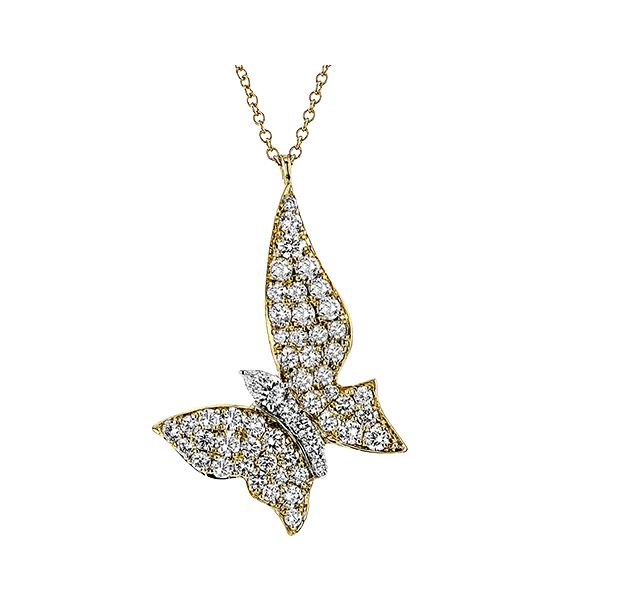 Lady's Two-Tone 18 Karat Drop Pendant Length 18 With 54 = 0.88Twt Round G Vs1 Diamonds And One = 0.08Ct Pear G Vs1 Diamond