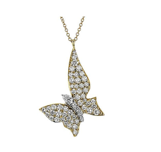 Lady's Two-Tone 18 Karat Drop Pendant Length 18 With 54 = 0.88Twt Round G Vs1 Diamonds And One = 0.08Ct Pear G Vs1 Diamond