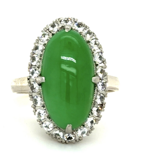 Original Art Deco 6ct Natural Jade (No Cert) White Sapphires PT Ring (Vintage 1930s) 6.79g 5 Size