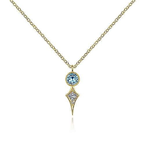 14K Yellow Gold Round Blue Topaz and Kite Diamond Pendant Necklace