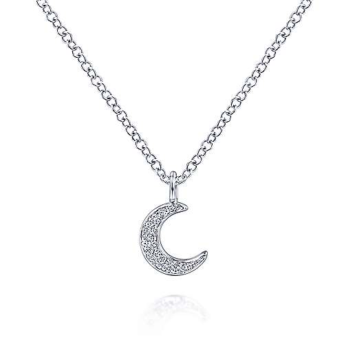 14K White Gold Diamond Pave Crescent Pendant Necklace