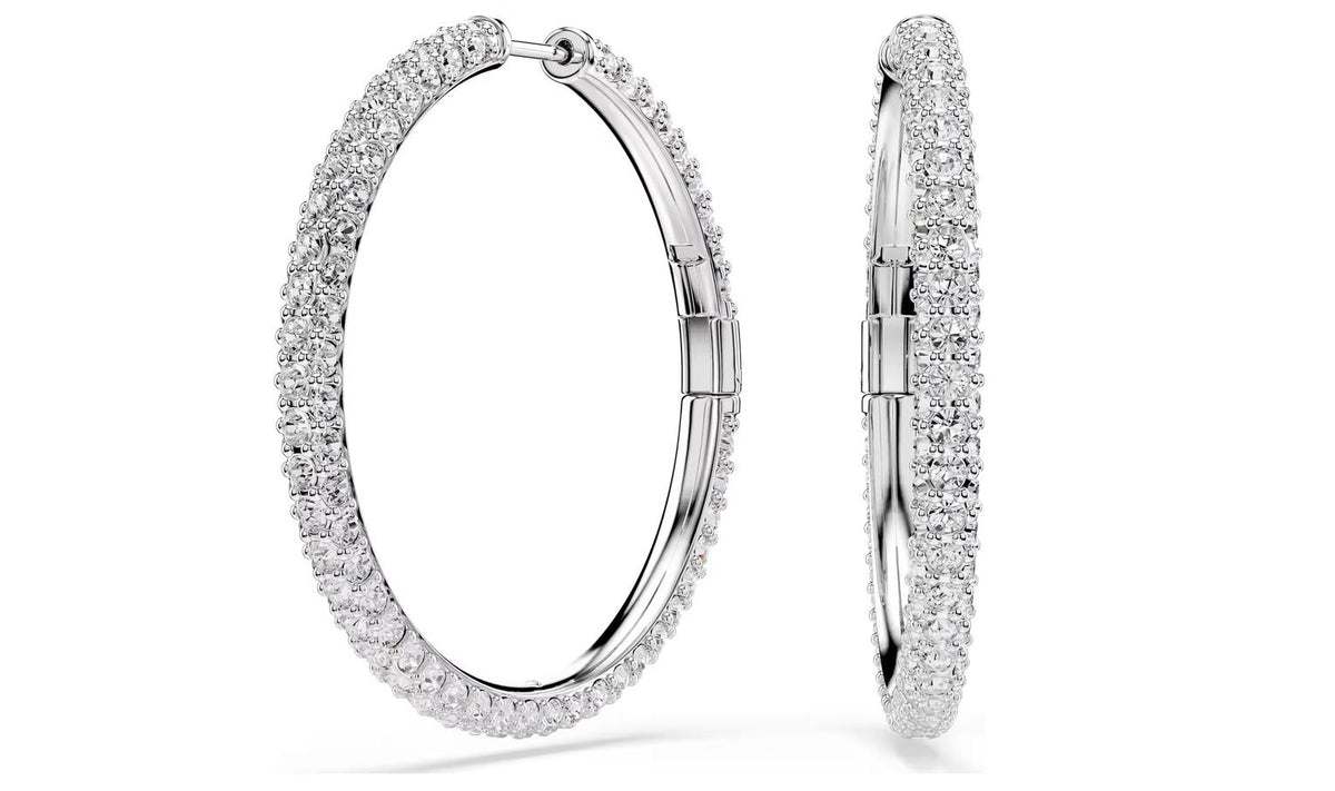 Dextera hoop earrings Round cut, White, Rhodium plated