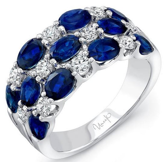 18K White Uneek Three-Row Oval Blue Sapphire and Round Diamond Band