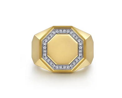 14K Yellow Gold Hexagon Diamond Ring in Sand Blast Finish