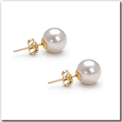 Lady's Yellow 14 Karat Stud Earrings With 2=9.00Mm Round Pearls