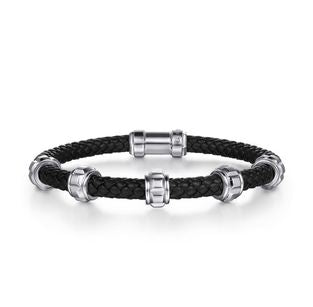 Leather Mens Bracelet Half Cubes 925 Sterling Silver