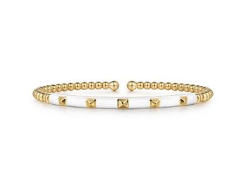 14K Yellow Gold Bujukan Beads and Pyramid Split Bangle with White Enamel