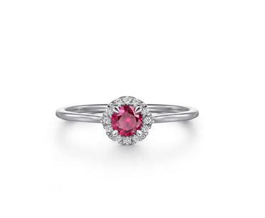 14K White Gold Ruby and Diamond Halo Promise Ring