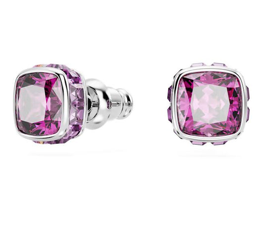 Birthstone stud earrings Square cut, February, Pink, Rhodium plated