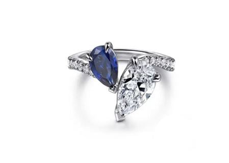 14k White Gold Modern Contemporary Pear Shape Sapphire and Diamond Engagement Ring
