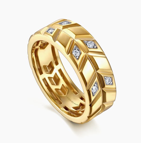 14K Yellow Gold Faceted Diamond Fashion Men's Ring