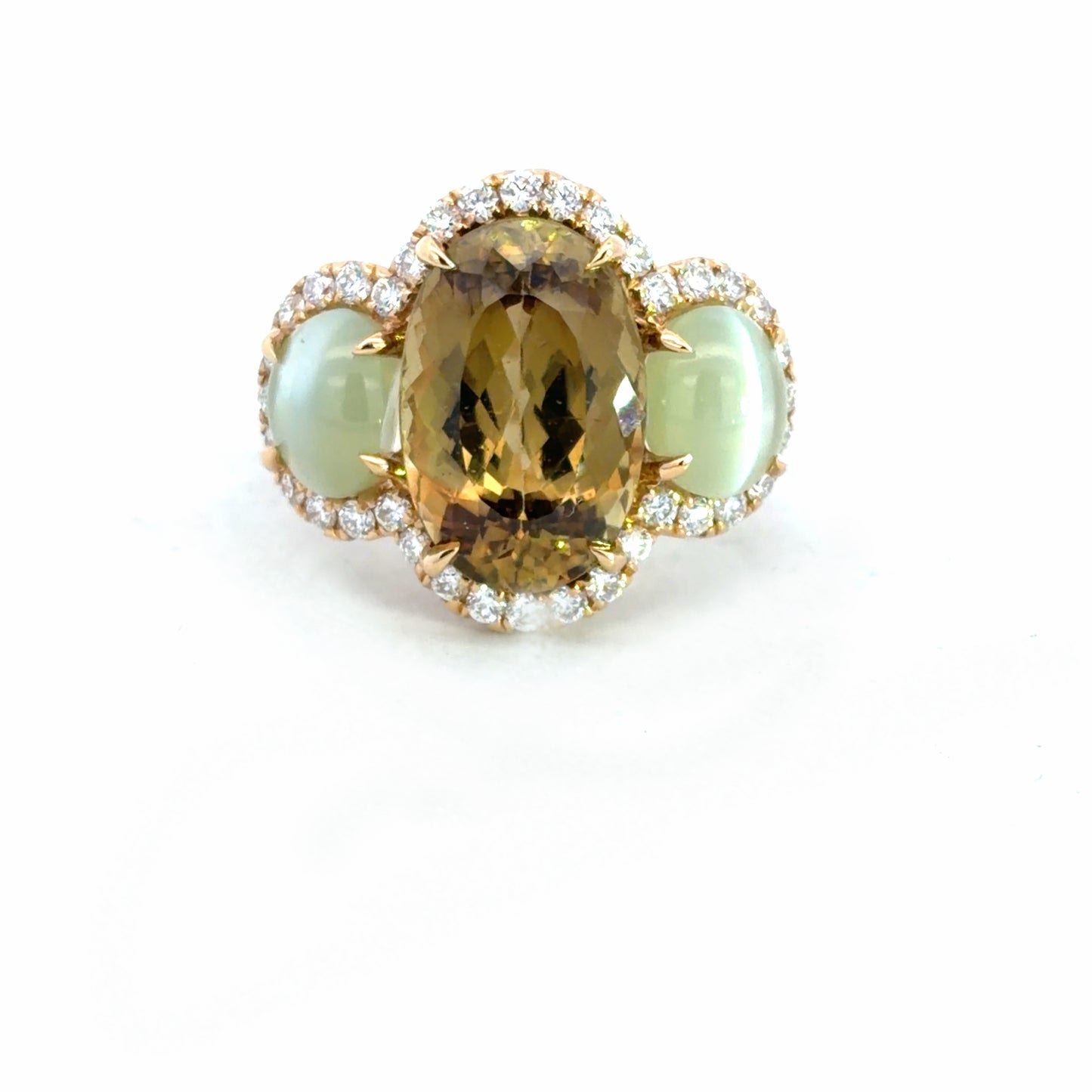 Lady's Yellow 18 Karat 3 Stone Fashion Ring Size 6.5 With One = 5.92Ct Oval Chrysoberyl And 36 = 0.45Twt Round H Si1 Diamonds