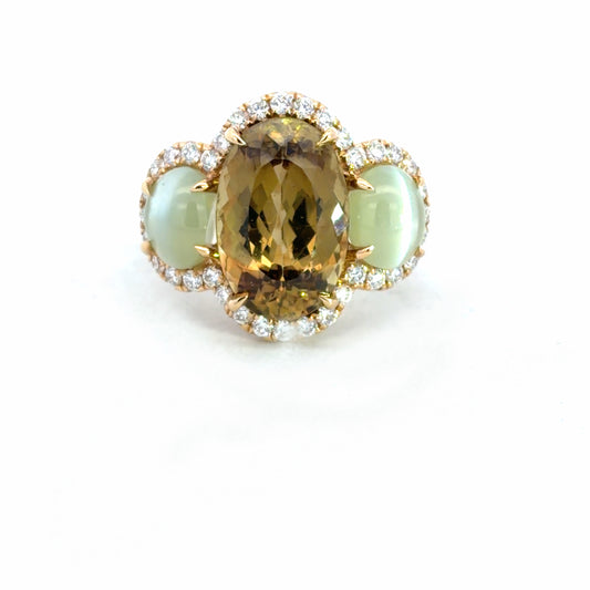 Lady's Yellow 18 Karat 3 Stone Fashion Ring Size 6.5 With One = 5.92Ct Oval Chrysoberyl And 36 = 0.45Twt Round H Si1 Diamonds