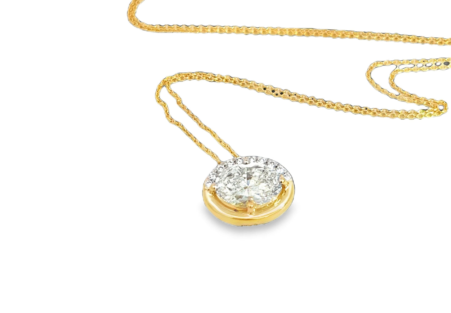 Lady's Yellow 14 Karat Prong Pendant Length 18 With One = 1.70Ct Oval K I1 Diamond And 10 = 0.11Tw Round G/H Si2 Diamonds