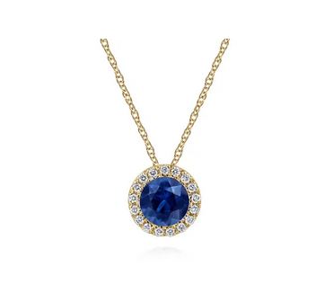 14K Yellow Gold Blue Sapphire and Diamond Halo Pendant Necklace