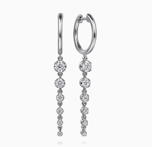 14k White Gold Graduating Diamond Huggie Drop Earrings