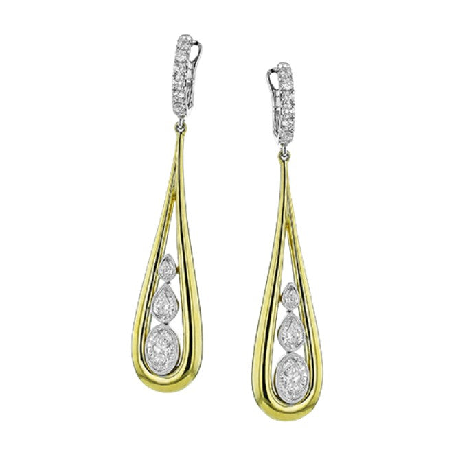 Lady's Two-Tone 18 Karat Drop Earrings With = 0.25Twt Round G Vs1 Diamonds, = 0.44Twt Pear G Vs1 Diamonds And 0.79 Twt Other Stones