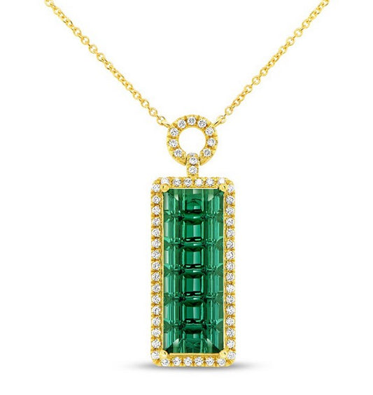 Lady's Yellow 18 Karat Halo Necklace With One = 9.47Ct Emerald Tourmaline And 55 = 0.35Twt Round G/H Si2 Diamonds