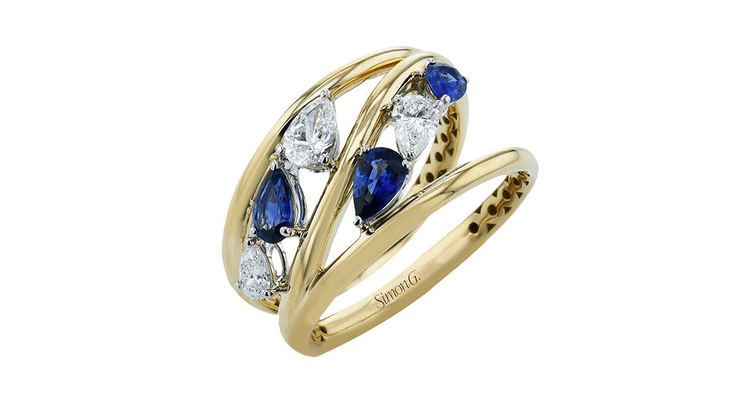 Lady's Two-Tone 14 Karat Free Form Fashion Ring Size 6.5 With 3 = 0.48Twt Pear G Vs1 Diamonds And 3 = 0.61Twt Pear Sapphires