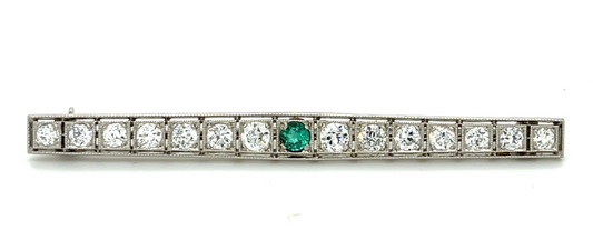 Art Deco (Circa 1920s) .20ct Emerald 1.85ct Old European Cut Diamonds (14 Stones) Antique Platinum Line Brooch 2.50 Length 5.3g