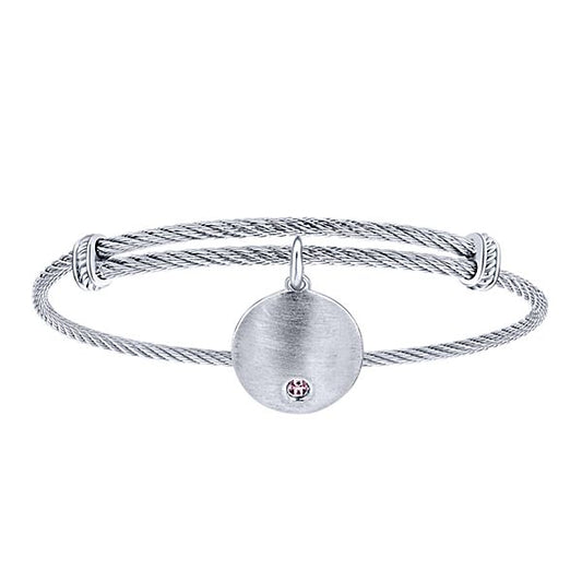 925 Silver/stainless Steel Round Charm Pink Created Zircon Bangle