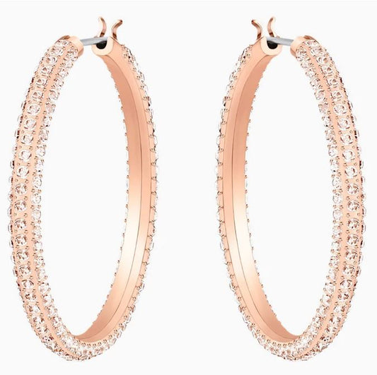 Dextera hoop earrings Pavé, Large, White, Rose gold-tone plated
